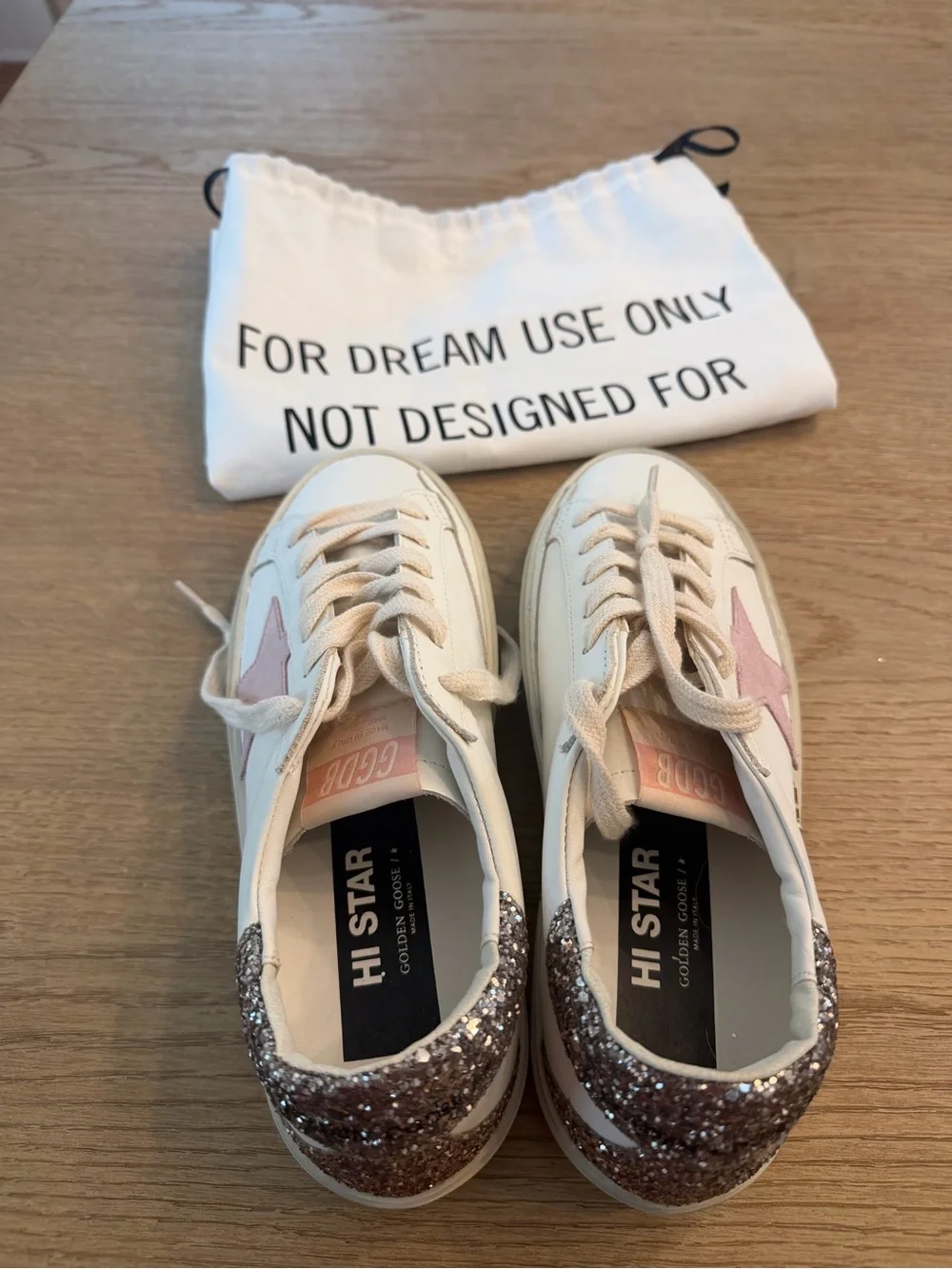 Golden Goose Hi Star with Pink Star and Gold Glitter Heel (never worn)